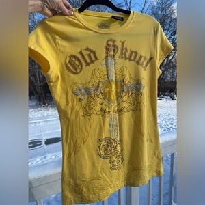 Vintage Urban Royale Old Skool Tee L Yellow Rhinestone Graphic Y2K Rocker